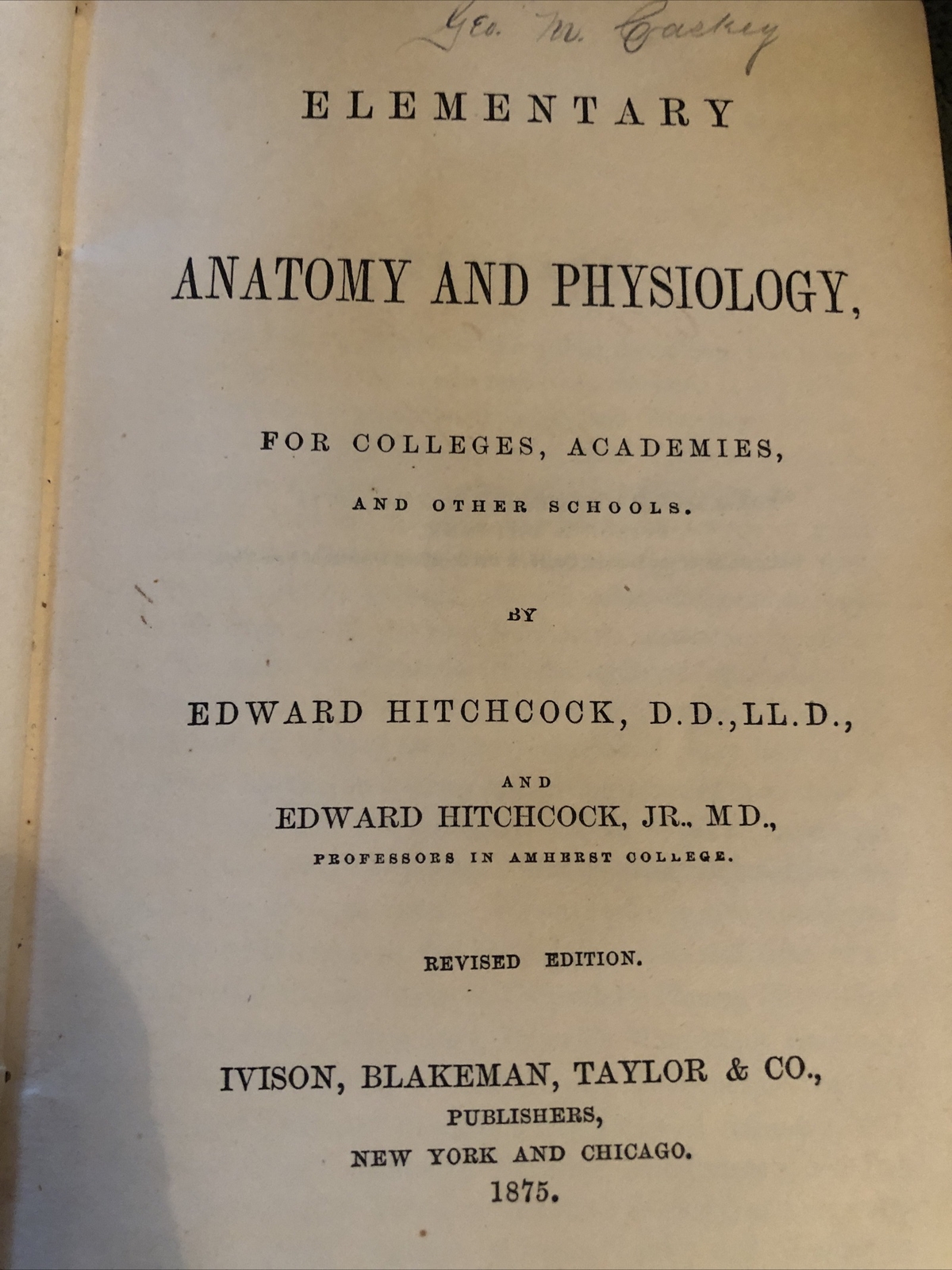 1875 Elementary Anatomy by Hitchcock black Hardback illust. 435 Pages w/index