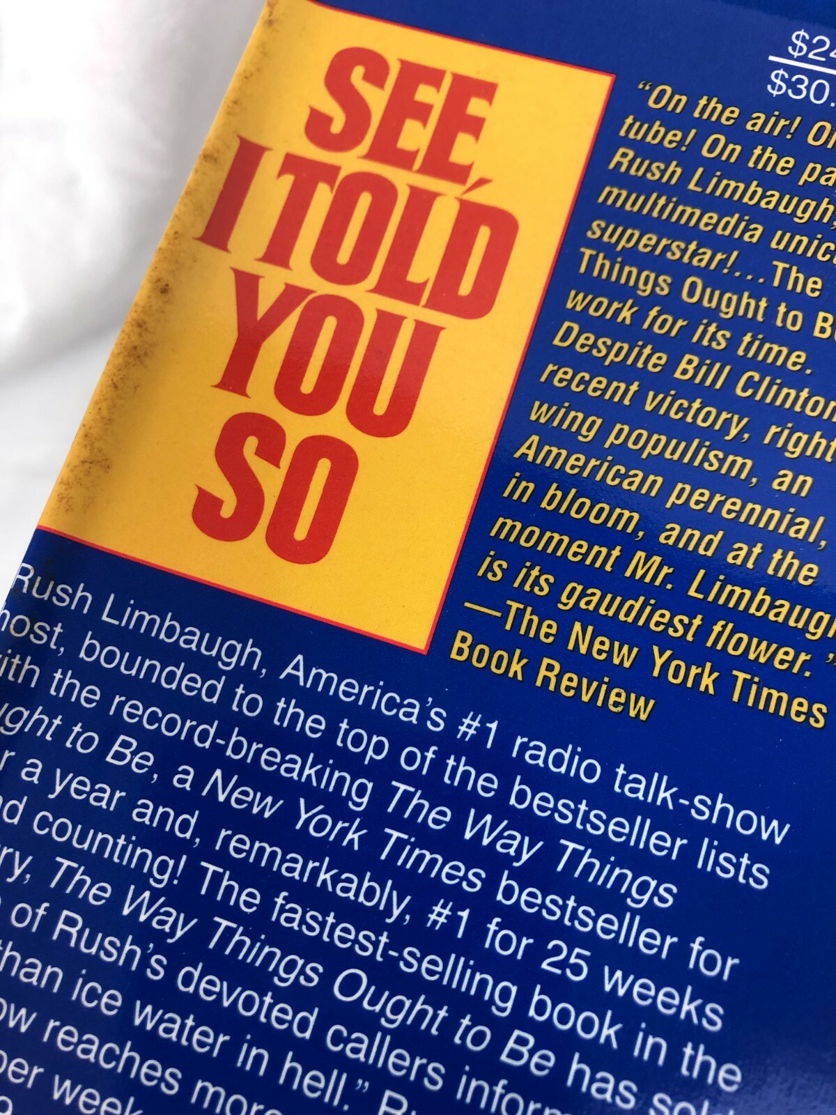 Vintage Book Blue 364 Pages- « See I Told You So » by Rush Limbaugh New York Times