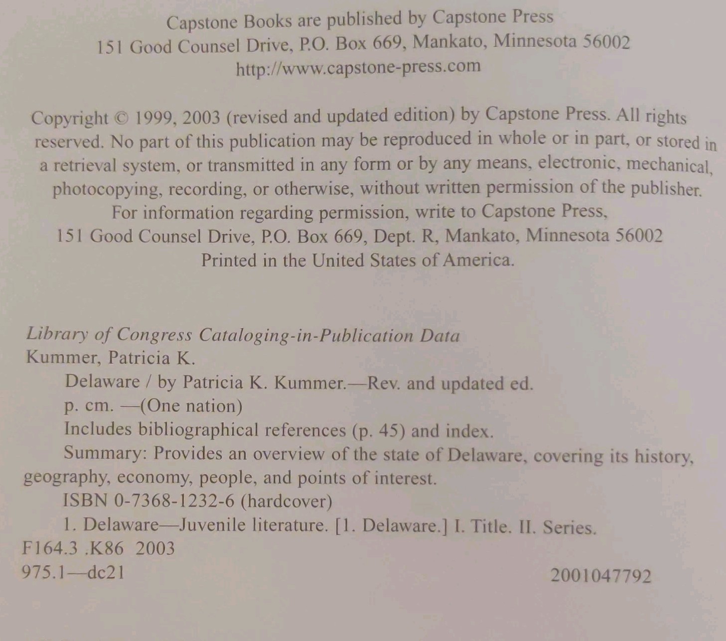 Delaware (One Nation) by Patricia K. Kummer, Capstone 2003 HC Revised