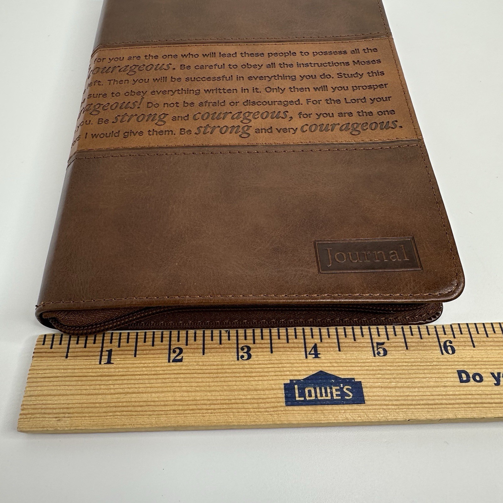 Strong & Courageous Journal Brown Vegan Leather Zip Lined Christian Art Gifts