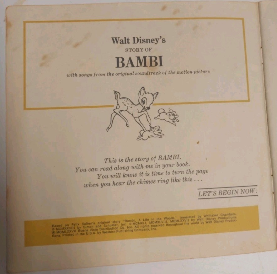 🦌 Walt Disney’s Story of Bambi – 1977 Read-Along Book & Record – #309 – USED