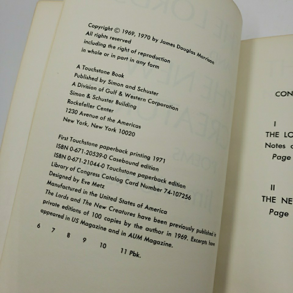 The Lords And The New Creatures Poems by Jim Morrison First Touchstone PB 1971