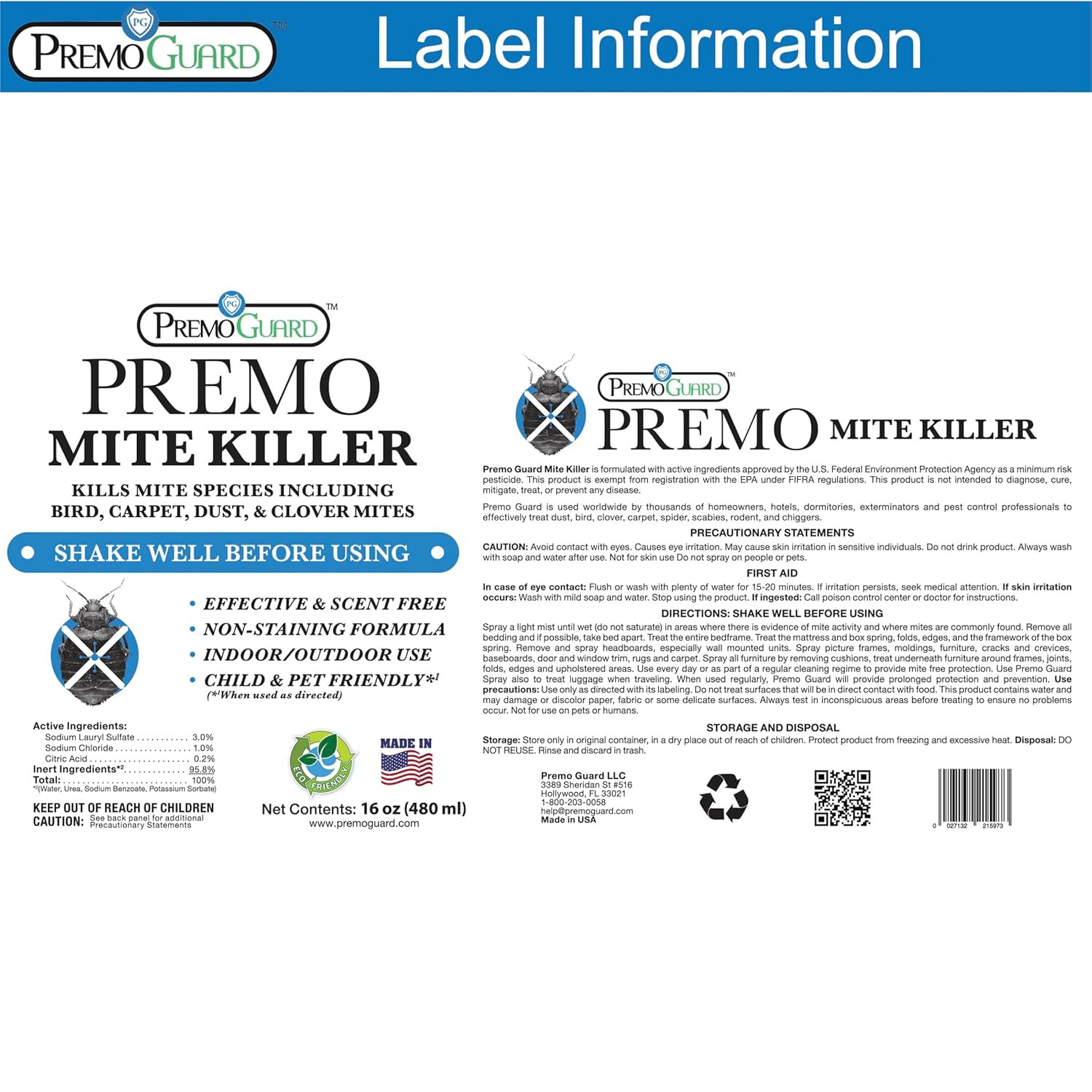 Premo Guard Natural Mite Spray – 16 Oz Bottle – Plant Based Treatment for Dust,