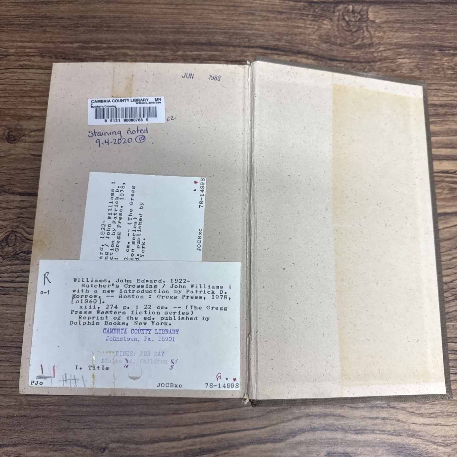 Butcher&rsquo;s Crossing by John Williams ~ Gregg 1978 First Printing EX-LIB WATER DMG