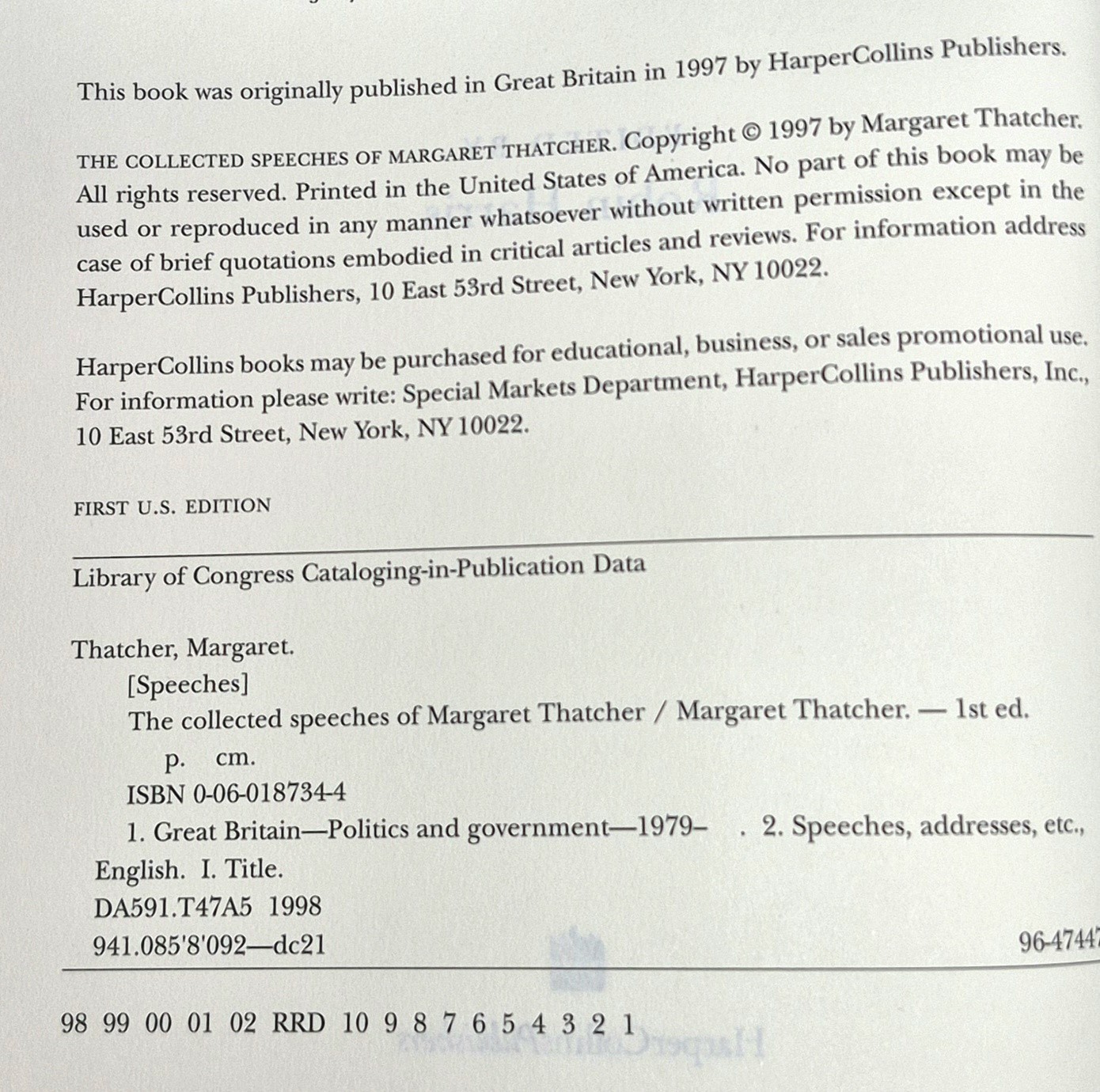 Margaret Thatcher: The Collected Speeches (1st U.S. Ed • 1st Print • 1997)