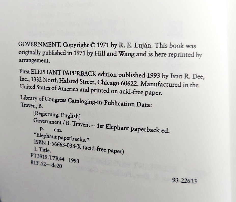 Government by B. Traven 1993 Paperback Like New Condition
