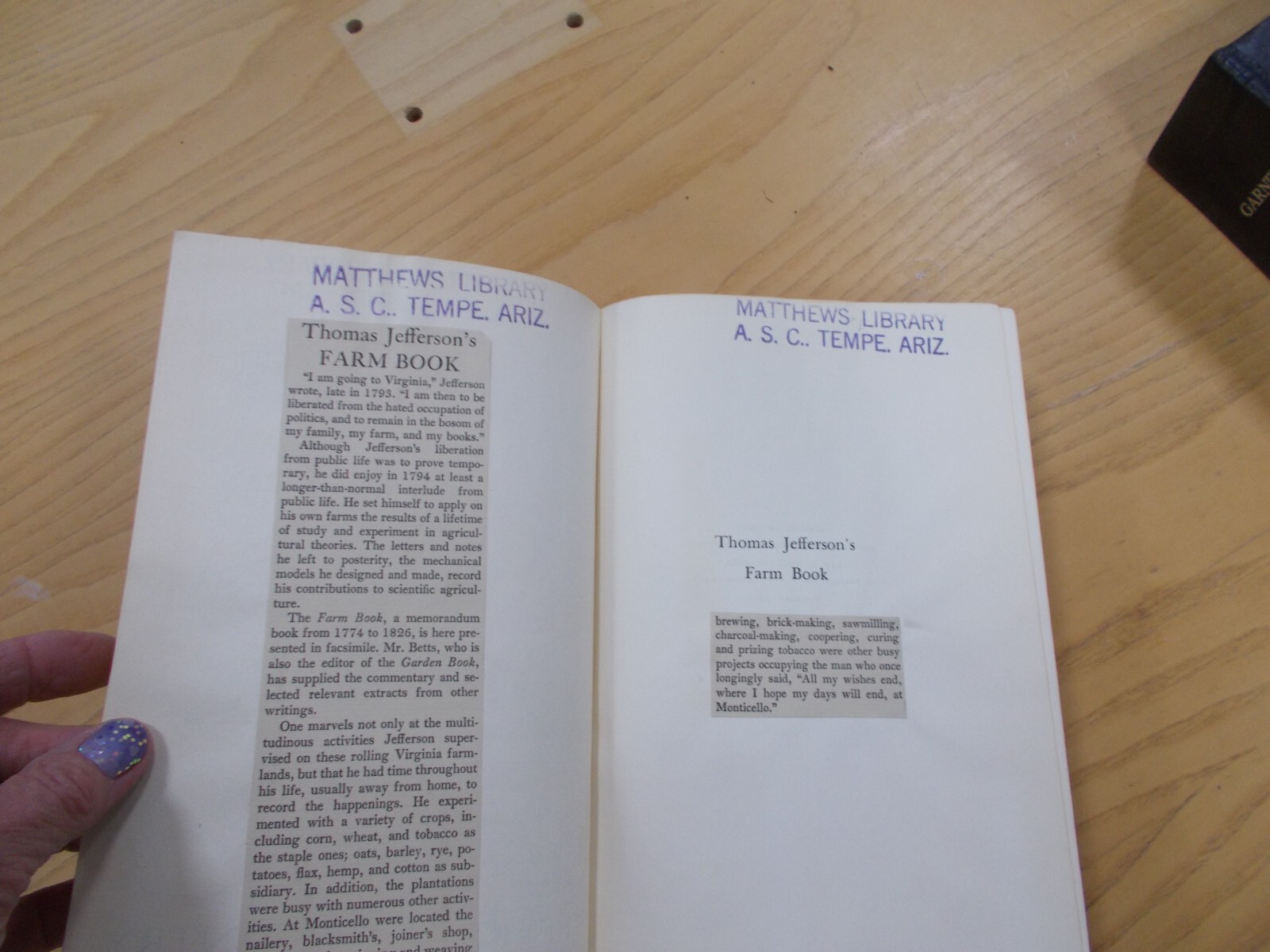 * THOMAS JEFFERSON&rsquo;S FARM BOOK WITH COMMENTARY & RELEVANT EXTRA CH 1953