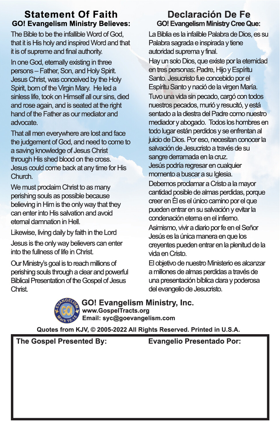 English/Spanish, RAPTURE Gospel Bible Tracts, 40 PK in 2 Covers, 20 Pages Ea.