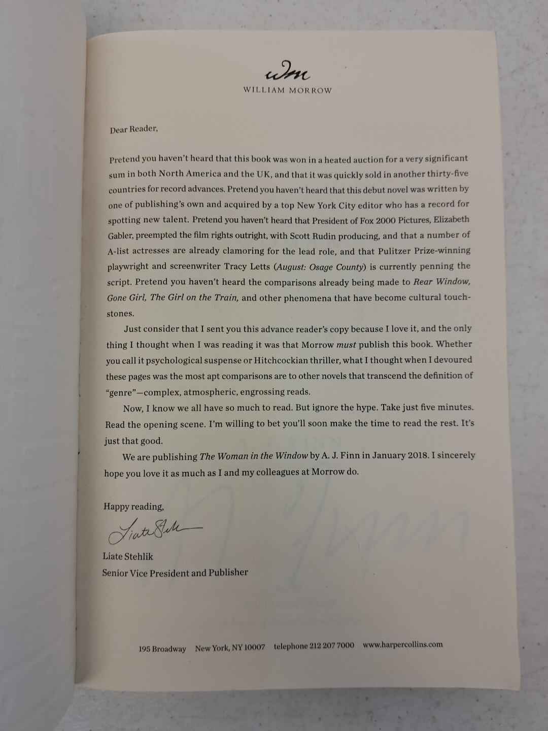 RARE signed advanced reader&rsquo;s edition by A.J. Finn-The Woman in the Window