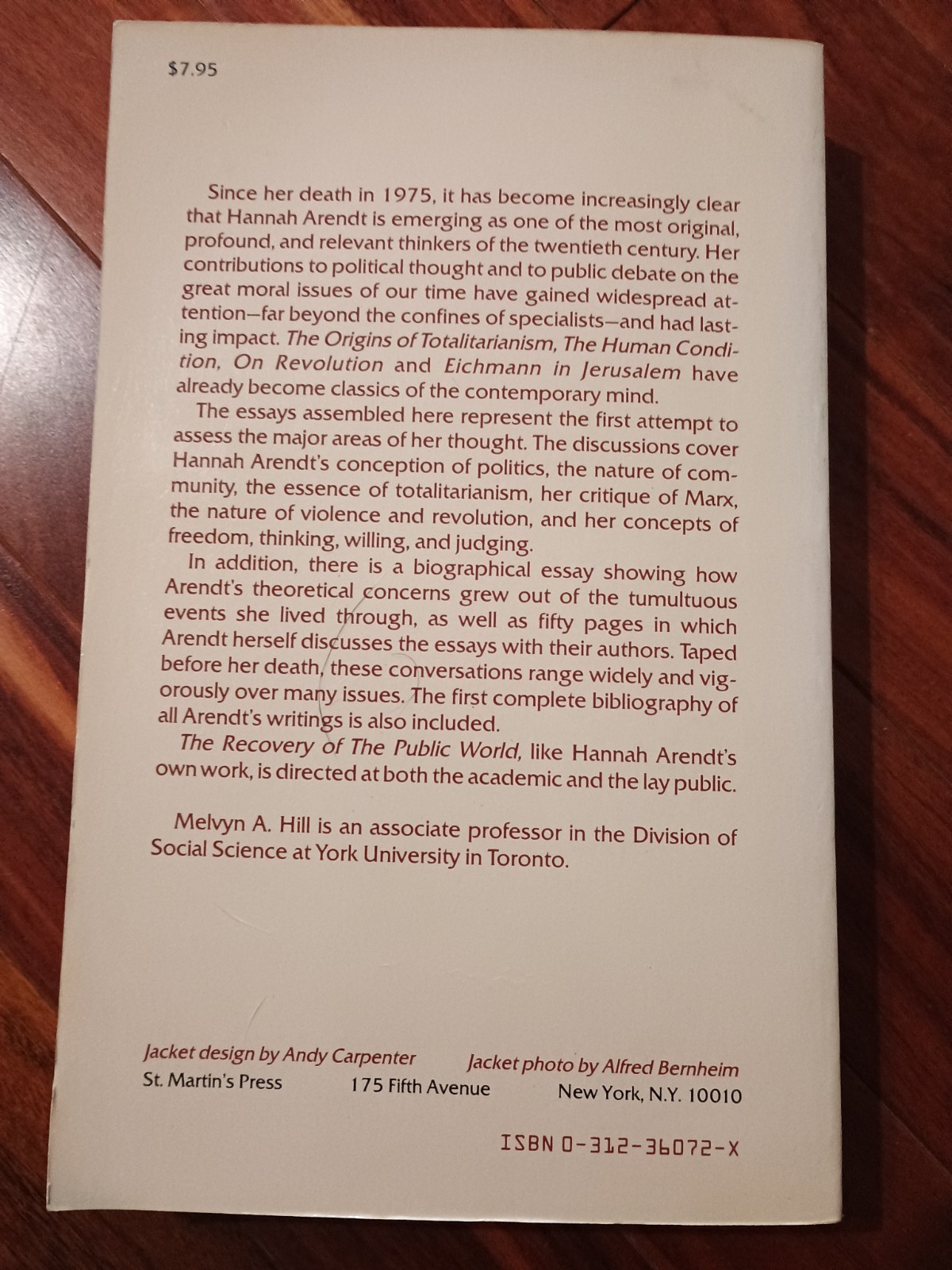 Hannah Arendt: The Recovery of the Public World Edited by Melvyn A. Hill 1979
