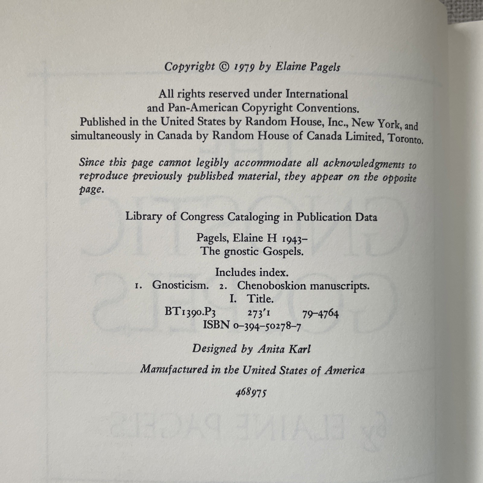 The Gnostic Gospels by Elaine Pagels 1979 HC DJ First Edition
