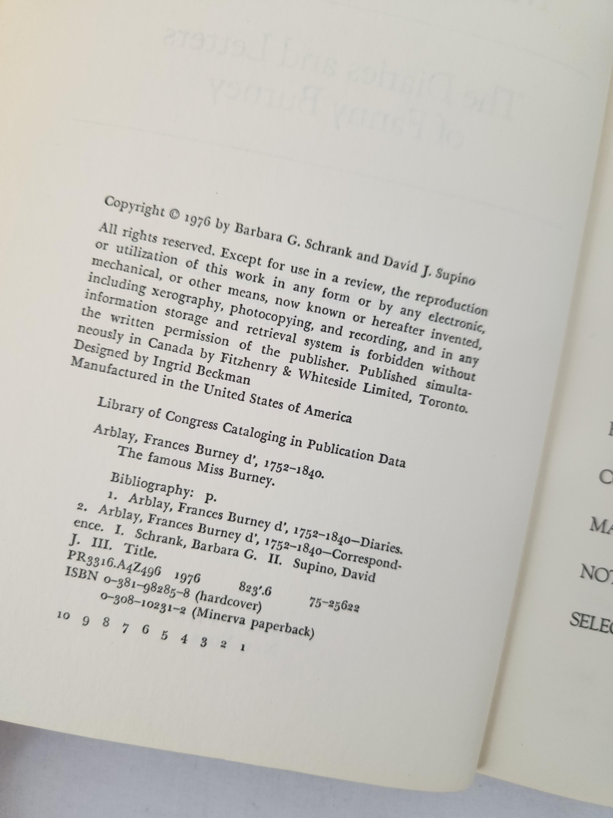 The Famous Miss Burney The Diaries & Letters of Fanny Burley by Schrank, Supino