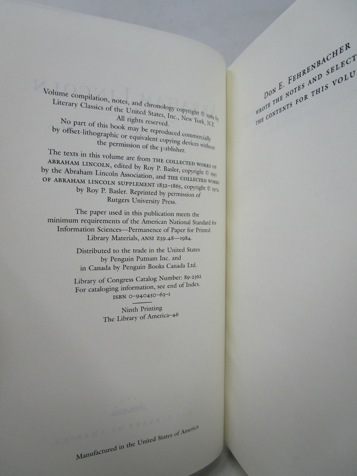 Abraham Lincoln Speeches and Writings 1839 – 1865 The Library of America 1989