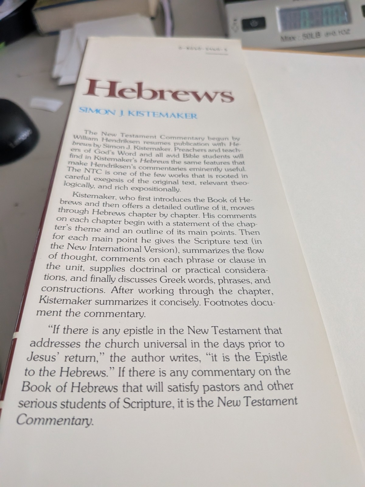 NT Commentary, Hebews~ Simon J. Kistemaker ~ 1984 Hardcover, DJ, Baker Books