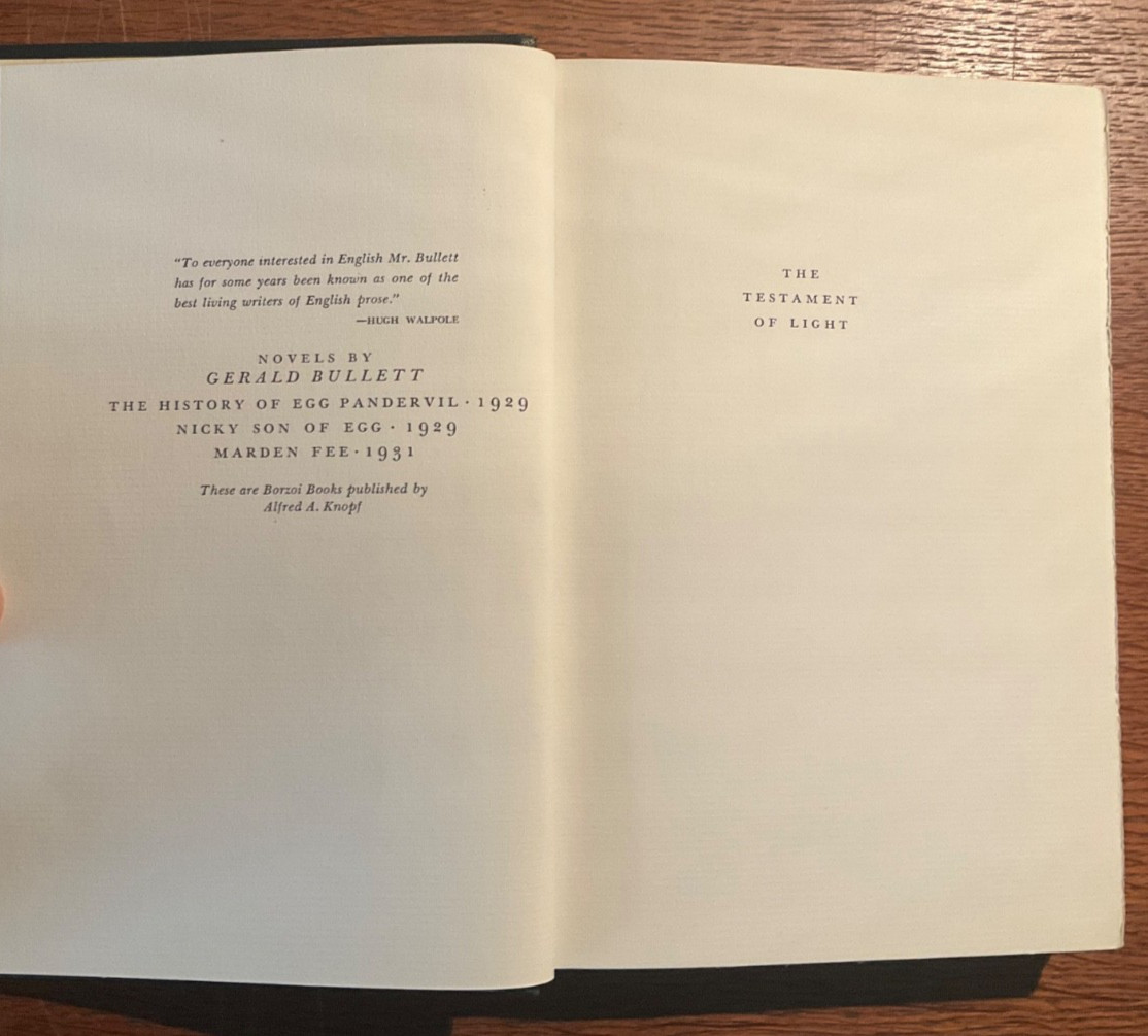 The Testament of Light by Gerald Bullett – First US Edition 1933
