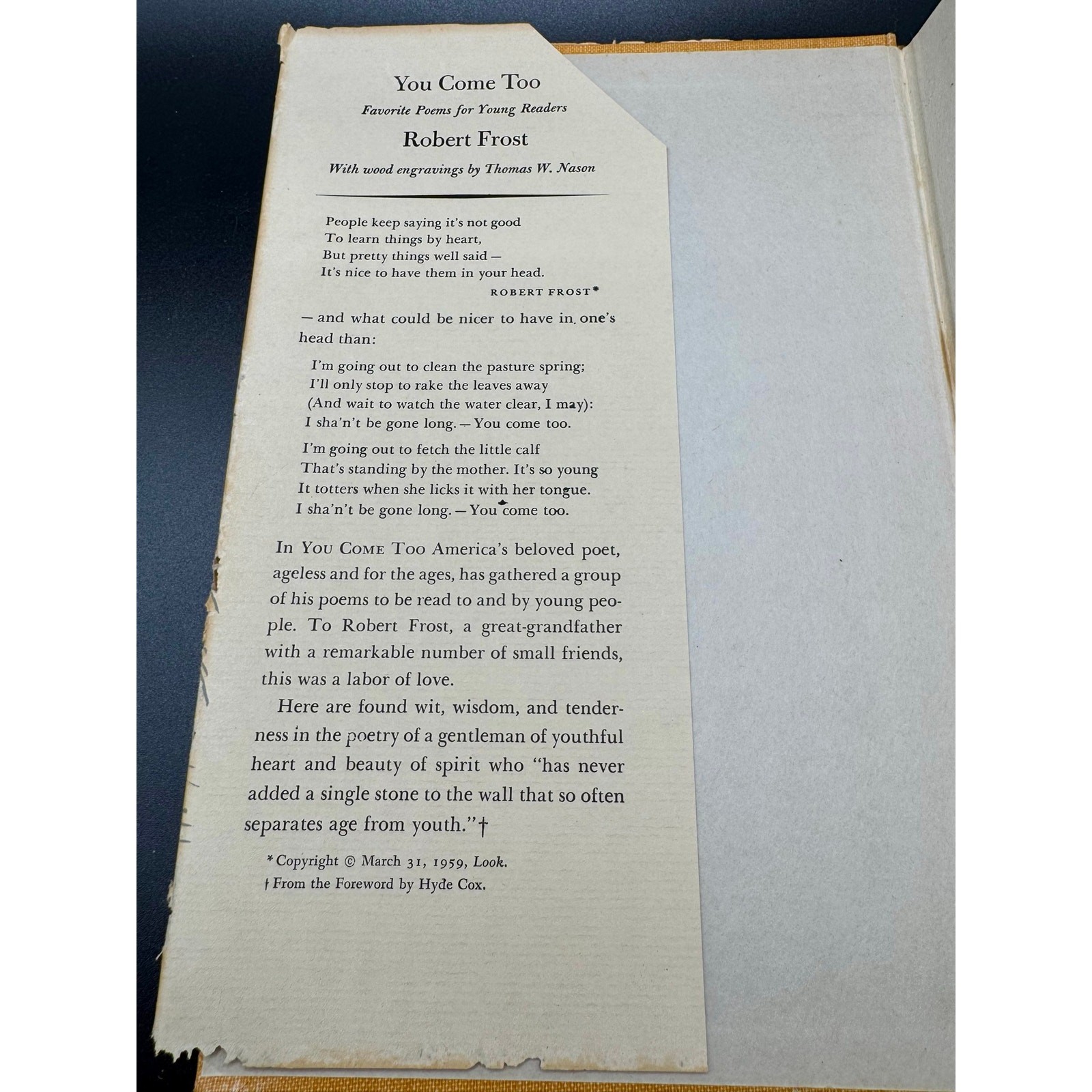 Vintage 1959 Robert Frost You Come Too 1st Edition Asso. Copy Hyde Cox Inscribed