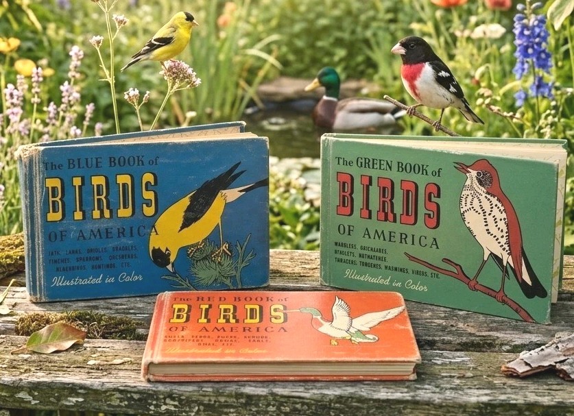 Vintage 1940s Birds of America Blue Green Red Book Set MCM Illustrated HB Set 3