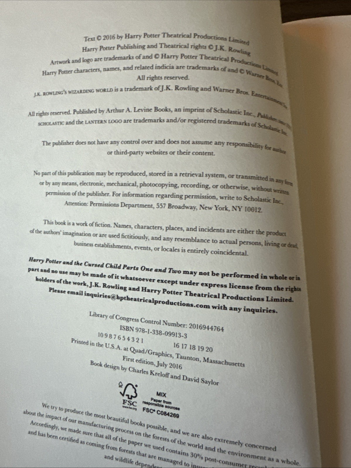 First Edition HARRY POTTER AND THE CURSED CHILD Hardcover 1st Printing SCRIPT