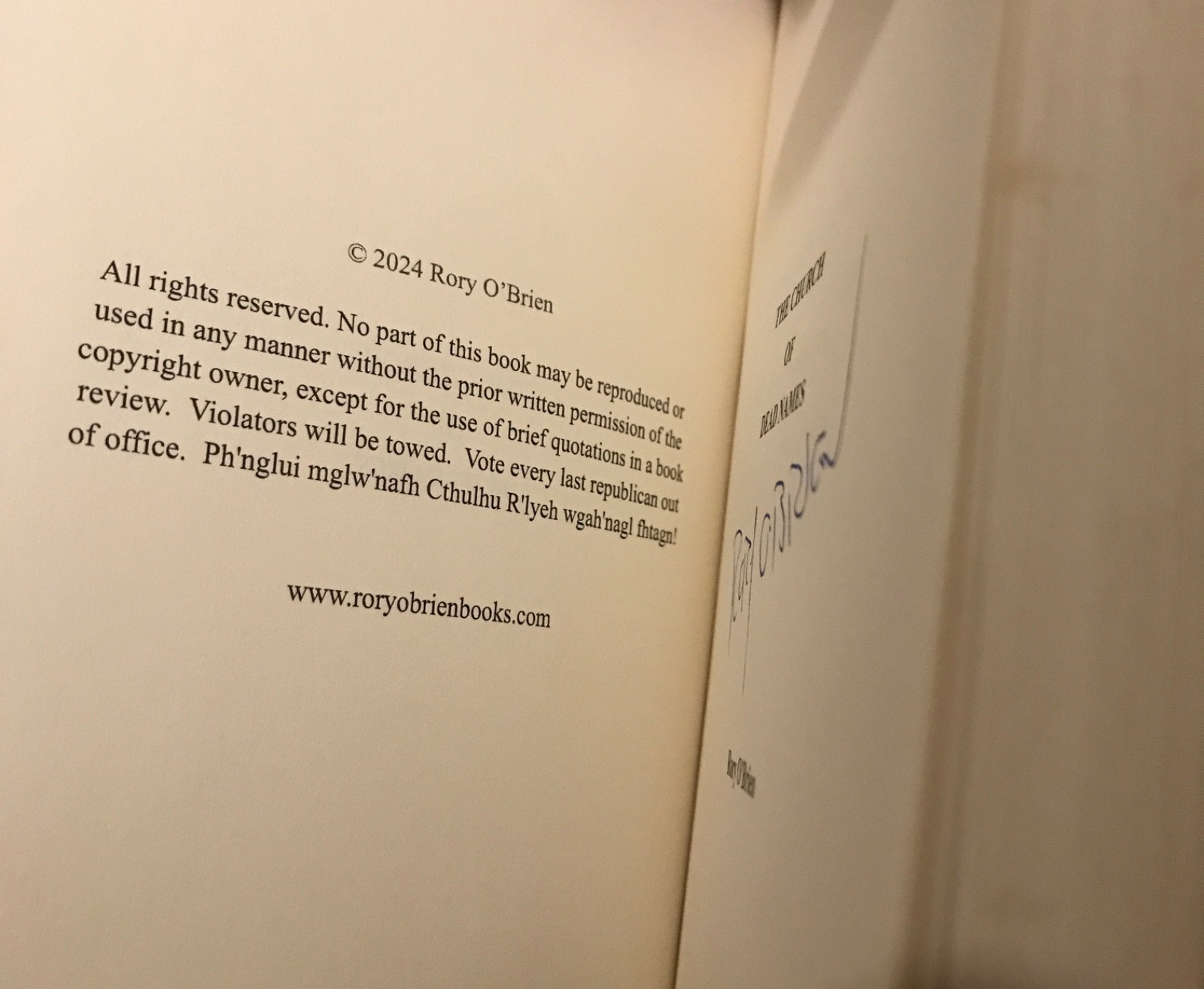 The Church of Dead Names Rory O&rsquo;Brien autographed sci-fi horror paperback 2024