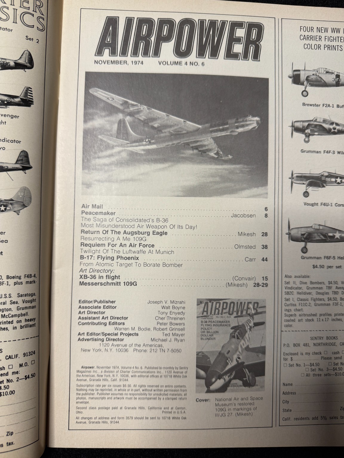 Airpower Magazine Vol 4 No 6 November 1974 B-36 Peacemaker Me 109G Luftwaffe