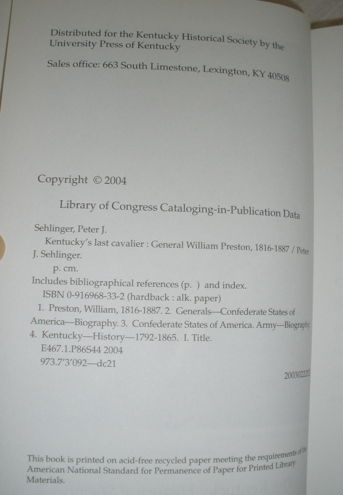 Kentucky&rsquo;s Last Cavalier General William Preston 1816-1887 Peter Sehlinger HCDJ