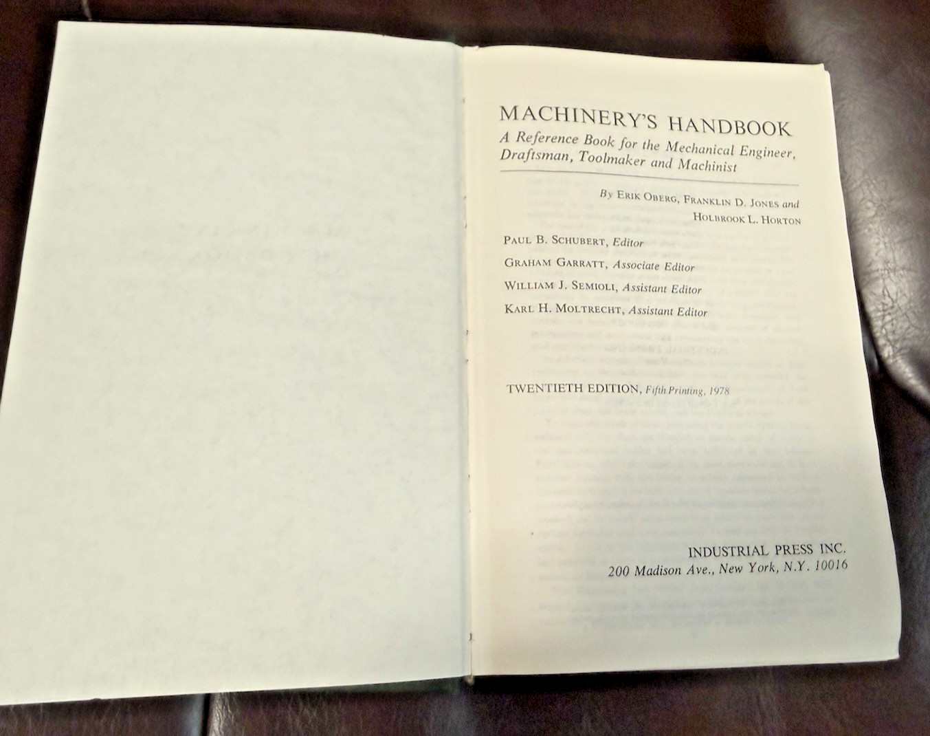 Machinery&rsquo;s Handbook Twentieth Edition; Fifth Printing; 1978; STUDENT EDITION