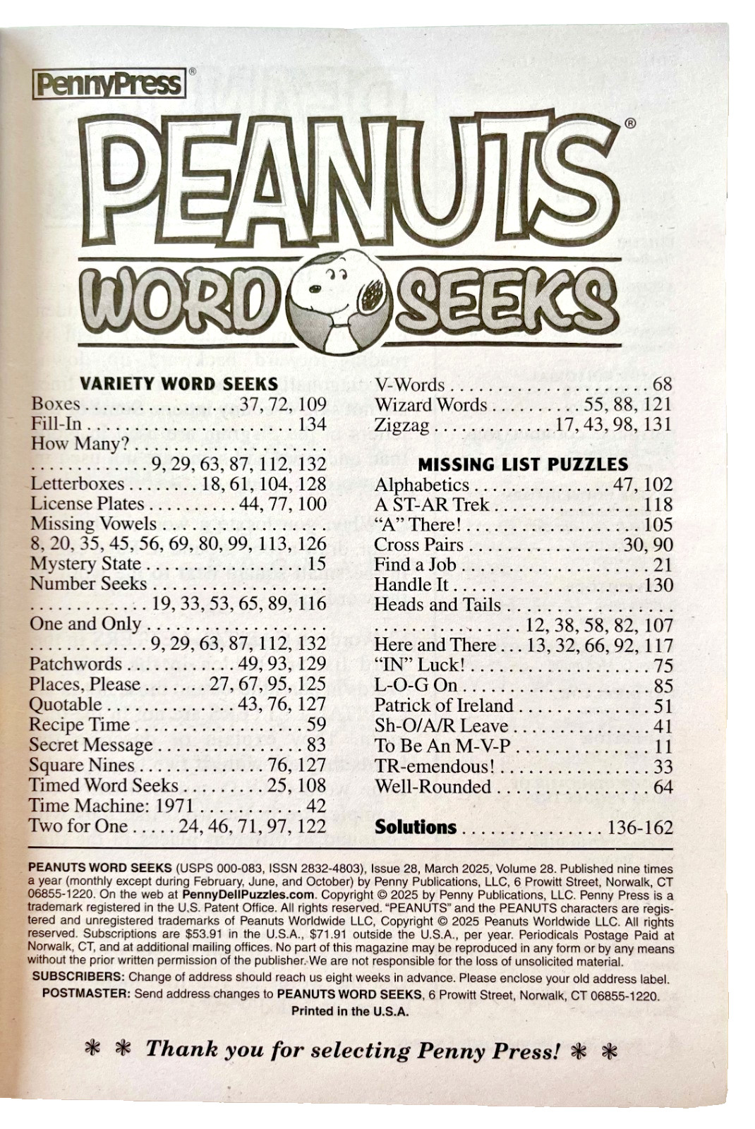 NEW Lot 3 Penny Press Peanuts Charlie Brown Word Search Seek Sept, Nov, Dec 2024