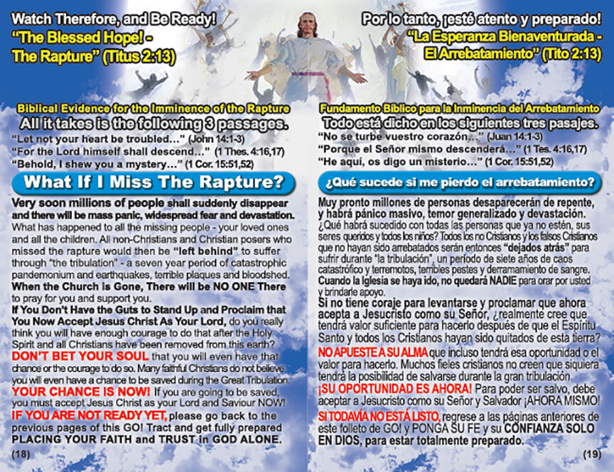 English/Spanish, RAPTURE Gospel Bible Tracts, 40 PK in 2 Covers, 20 Pages Ea.