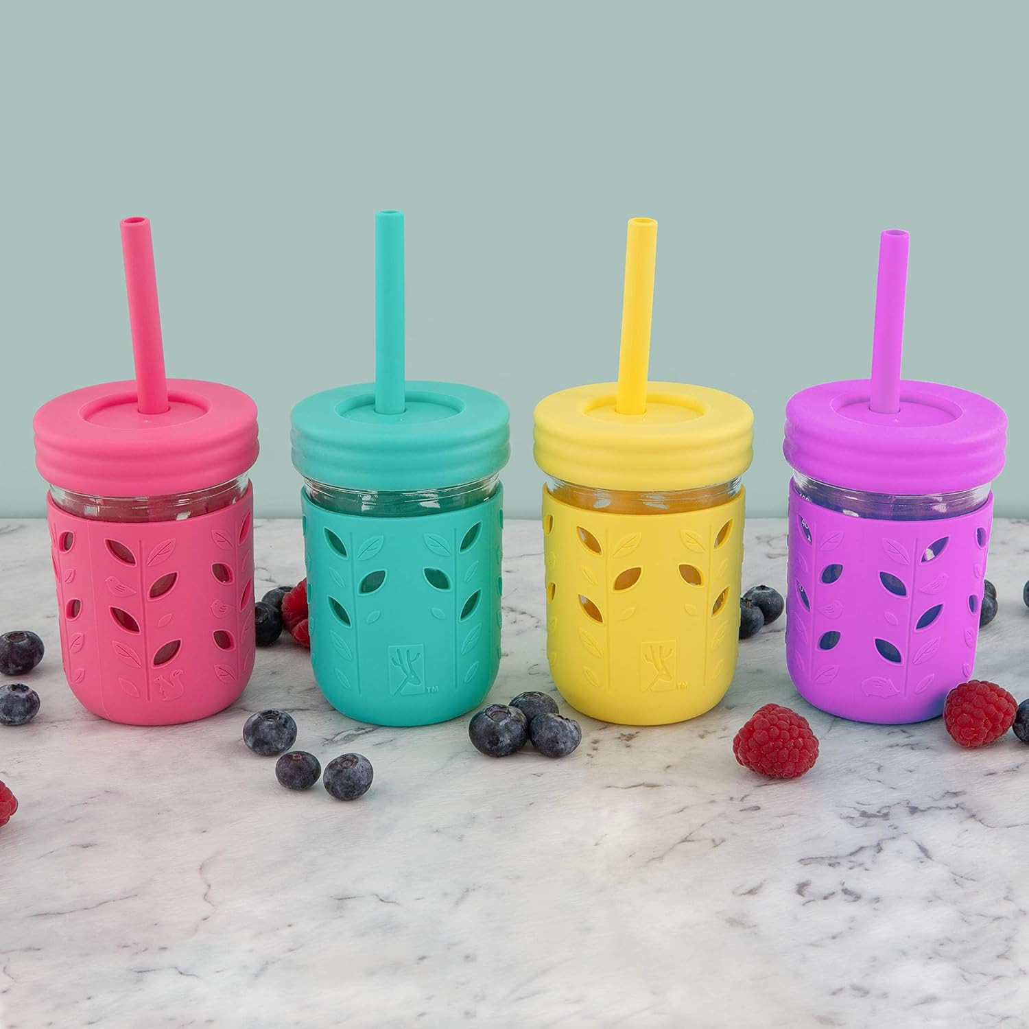 Adult & Kid&rsquo;s Reusable Silicone Straws with Stopper for 8oz & 10oz Mason Jars or