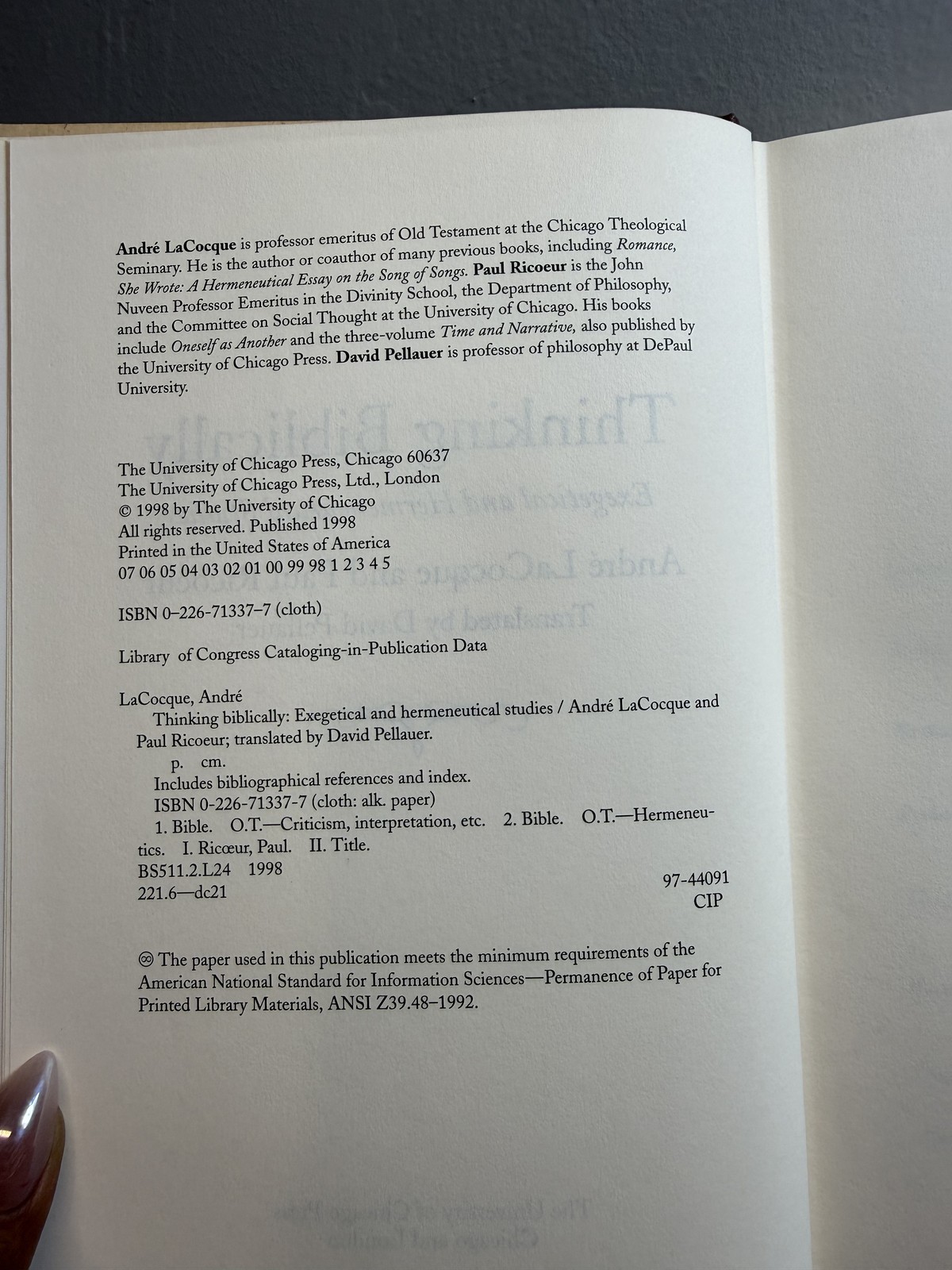Thinking Biblically Exegetical and Hermeneutical Studies LaCocque Ricoeur 1998