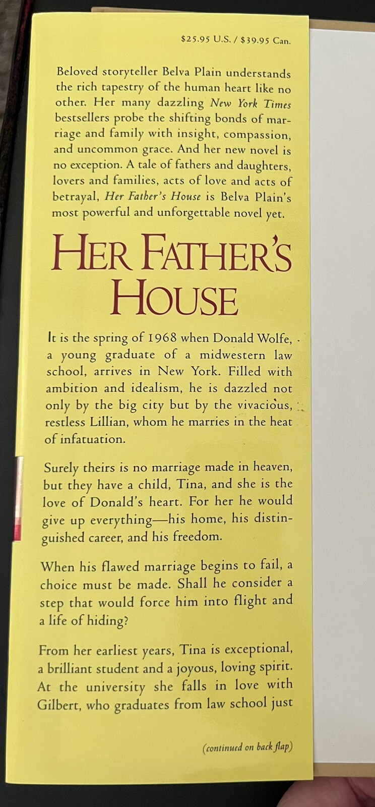 Her Father&rsquo;s House~Belva Plain~2002~Hardcover~Dust Jacket~342 pages