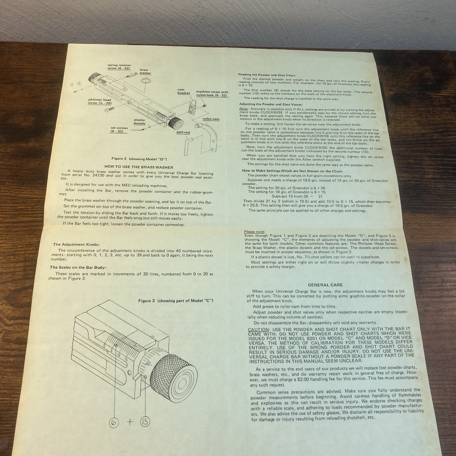Universal Charge Bar Instructions Model C D Fits MEC Vtg Multi Scale Charge LTD