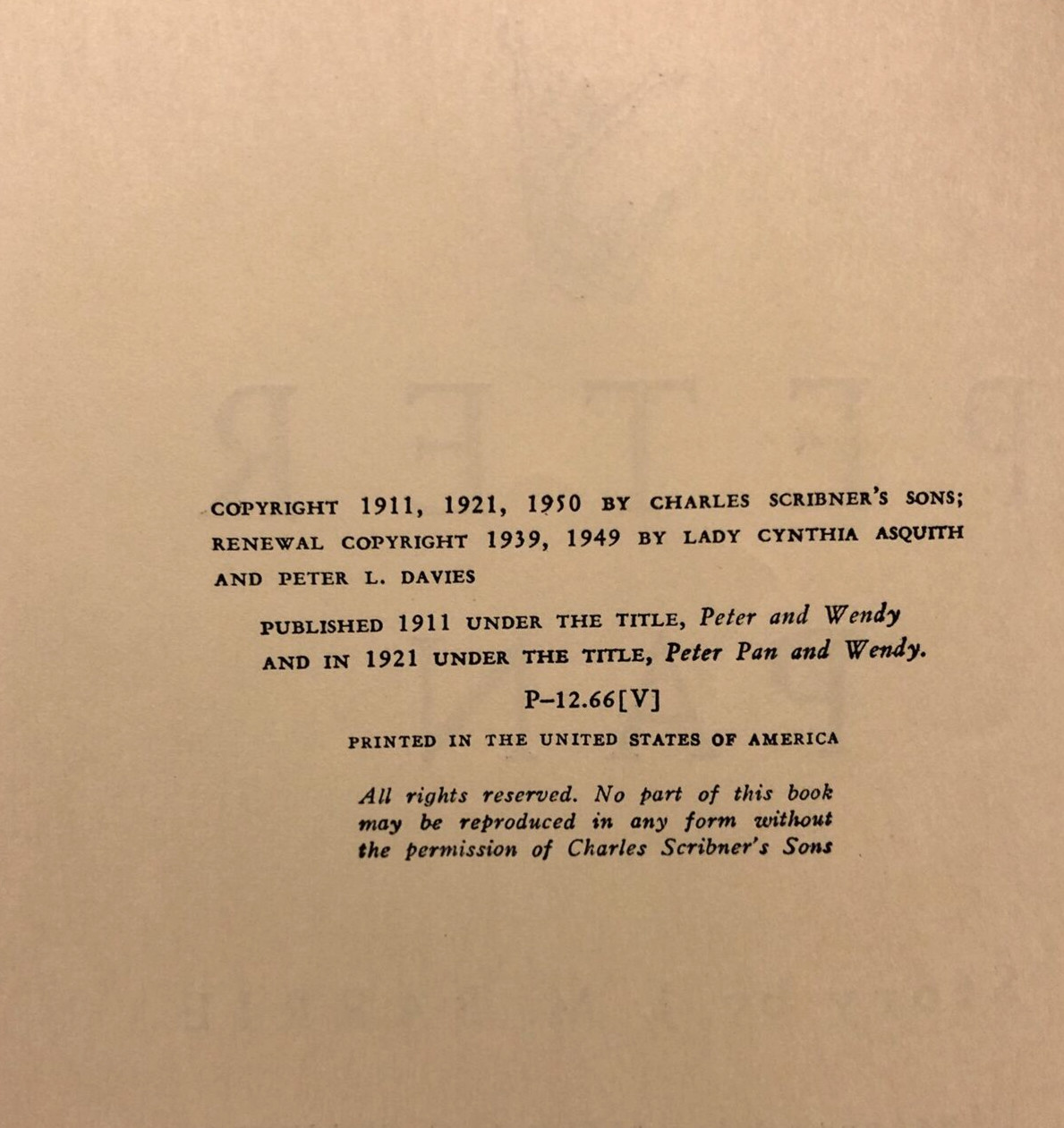 Peter Pan By J.M. Barrie , 1950 Hardcover/Dust Jacket, Charles Scribner&rsquo;s Sons