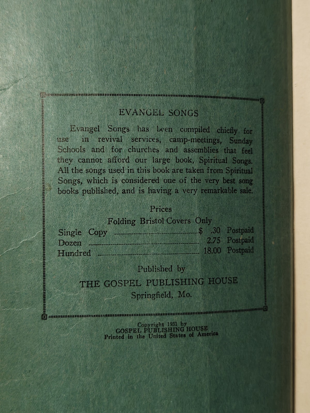 1931 Evangel Songs PB Hymnal by Gospel Publishing House Vintage Paperback