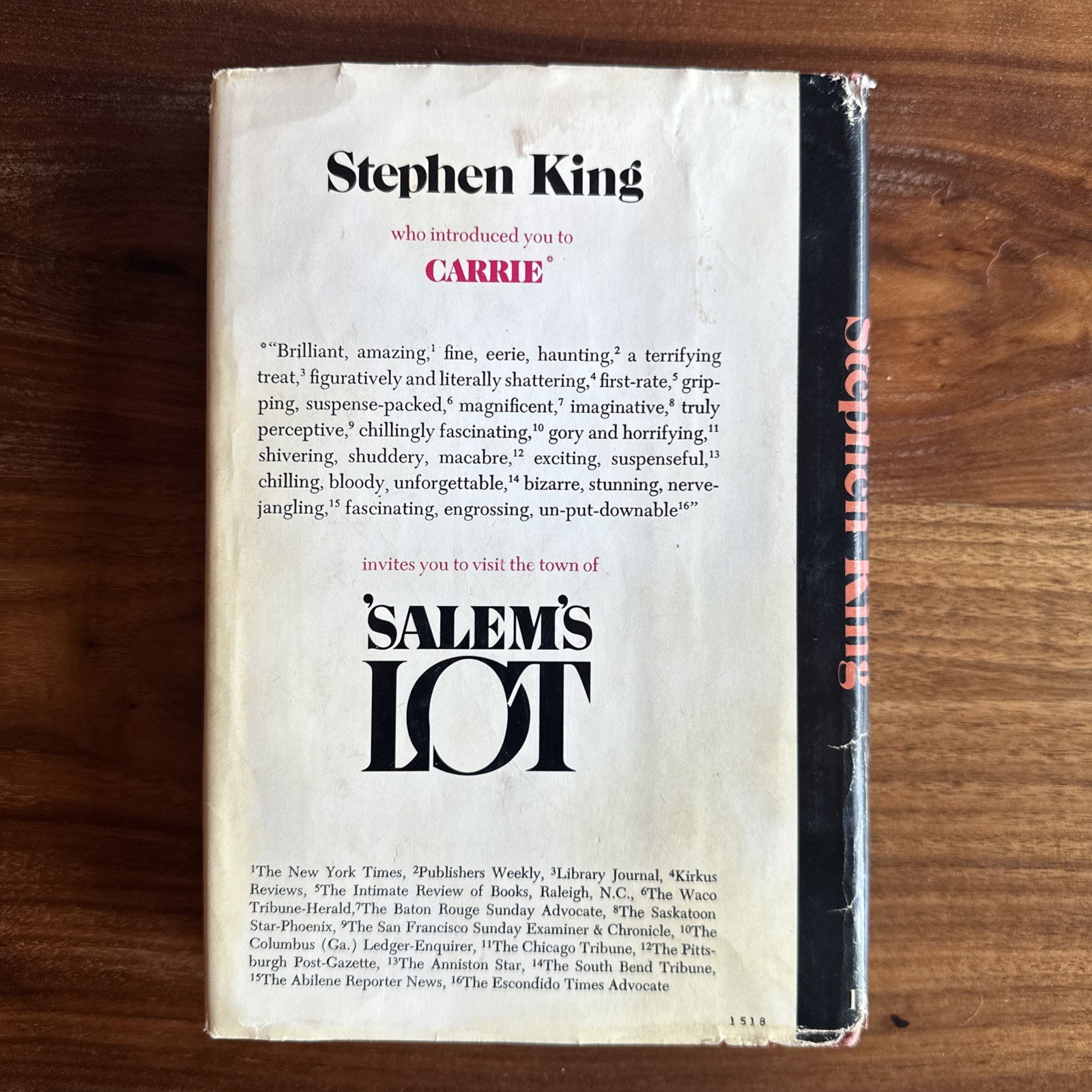 &lsquo;SALEM&rsquo;S LOT by Stephen King (1975, Hardcover) 1st Ed 1st Print BCE 039 Gutter