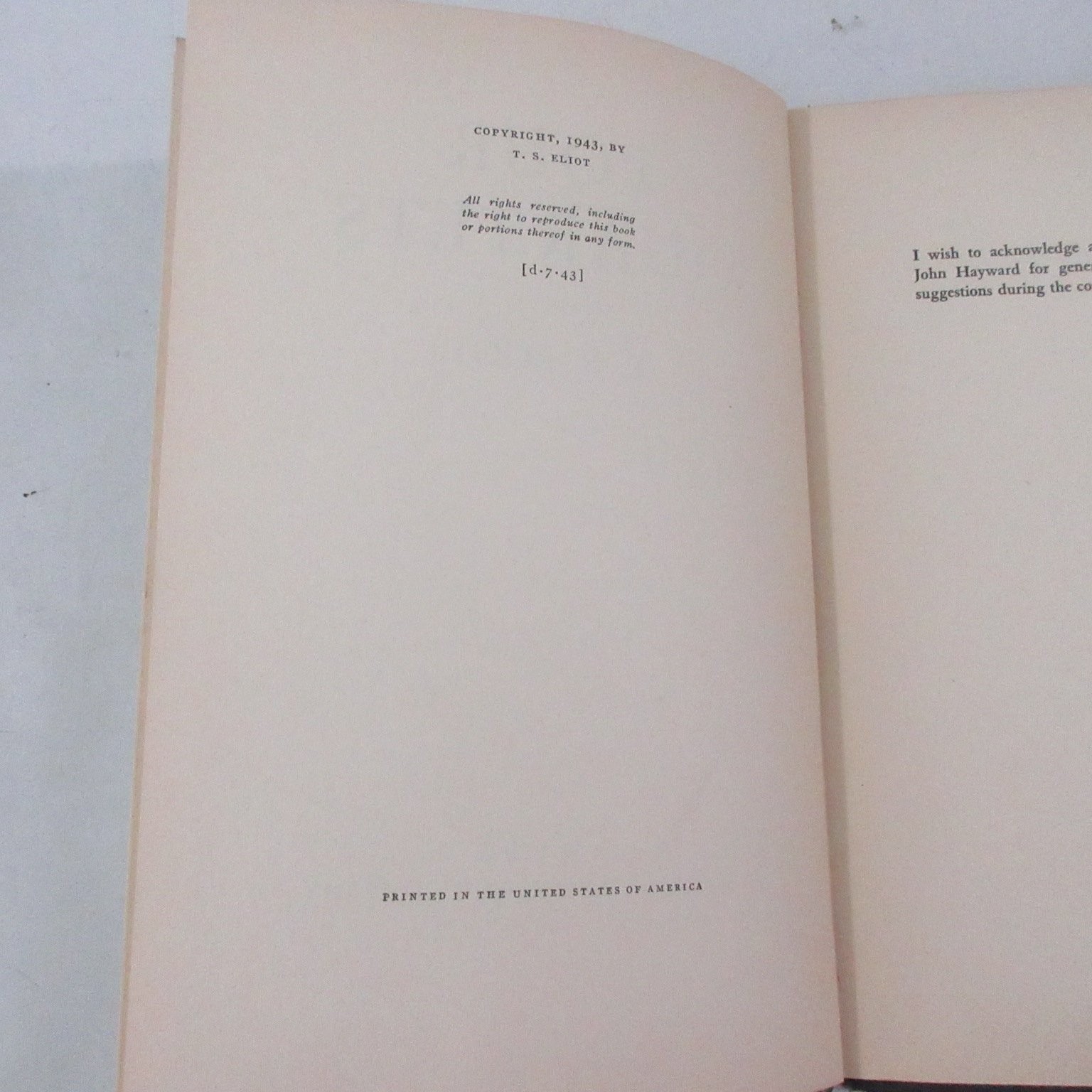 Four Quartets T. S. Eliot 1943 Poetry Harcourt Brace & Co 4th Printing