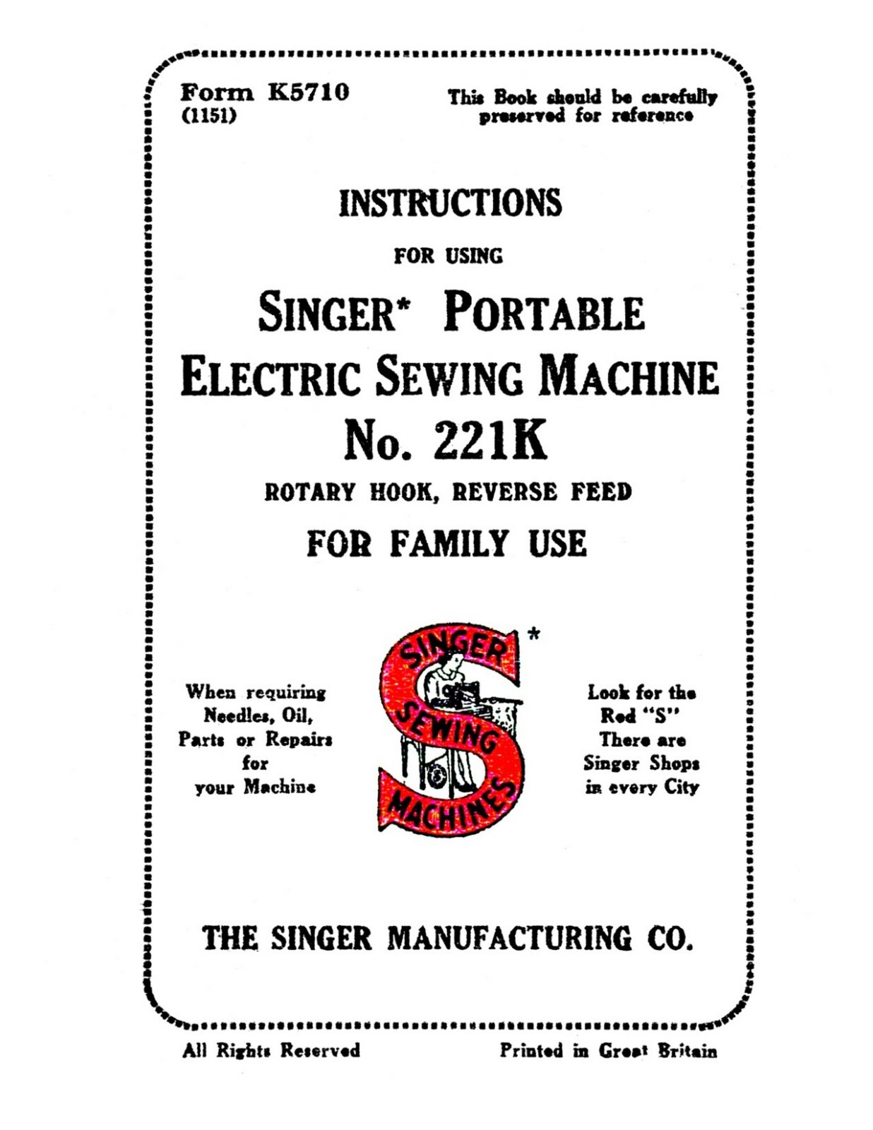 Singer Portable Sewing Machine 221K Instruction Manual « 1951 » (55 Page)